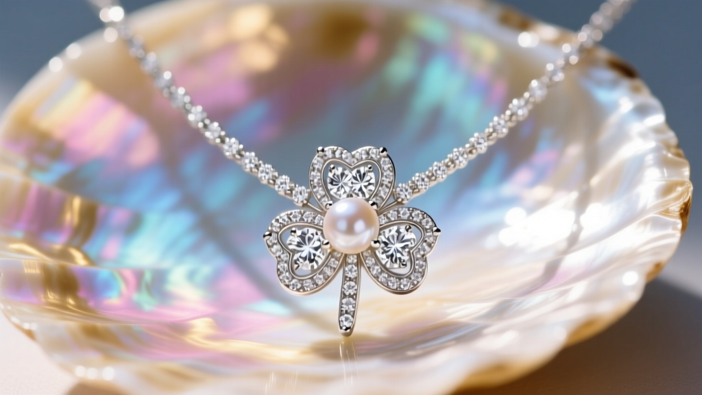 Close-up of a diamond four leaf clover necklace with pearl inlay, contrasting iridescent shell with bright white melee diamonds