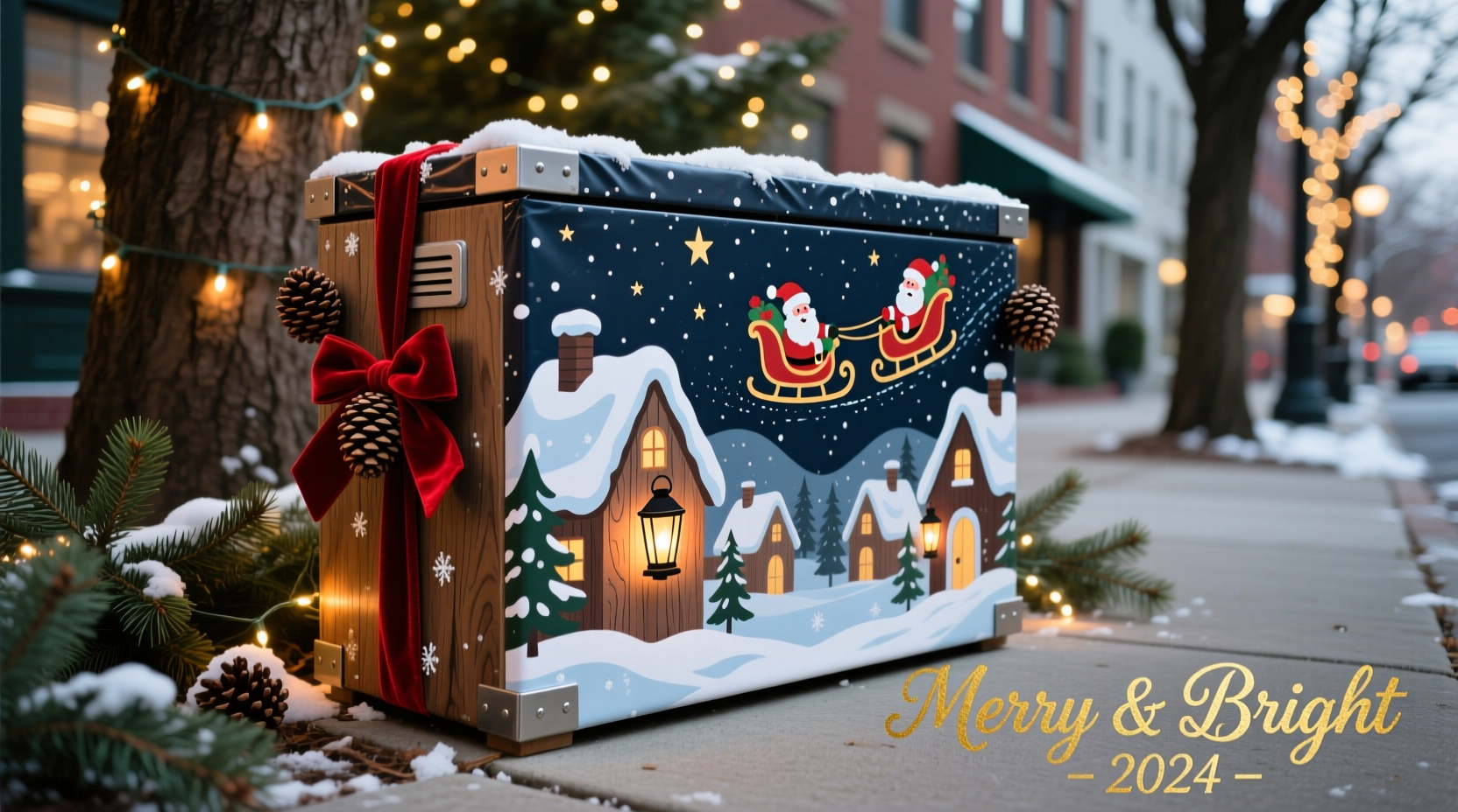 how to disguise utility boxes with themed christmas wraps and panels