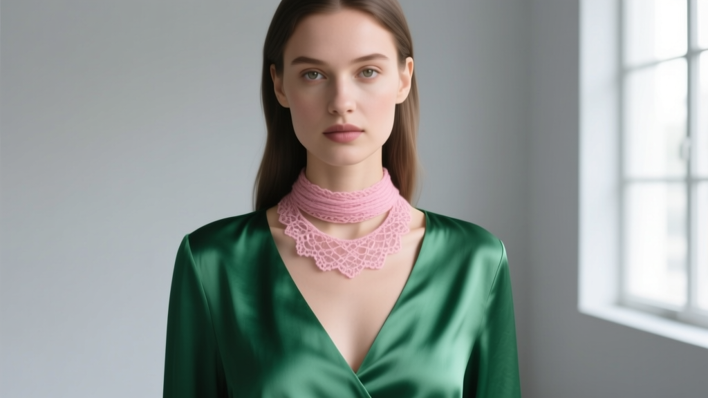 Model wearing a lace-weight blush pink silk yarn necklace over an emerald green silk blouse, highlighting the collarbone.