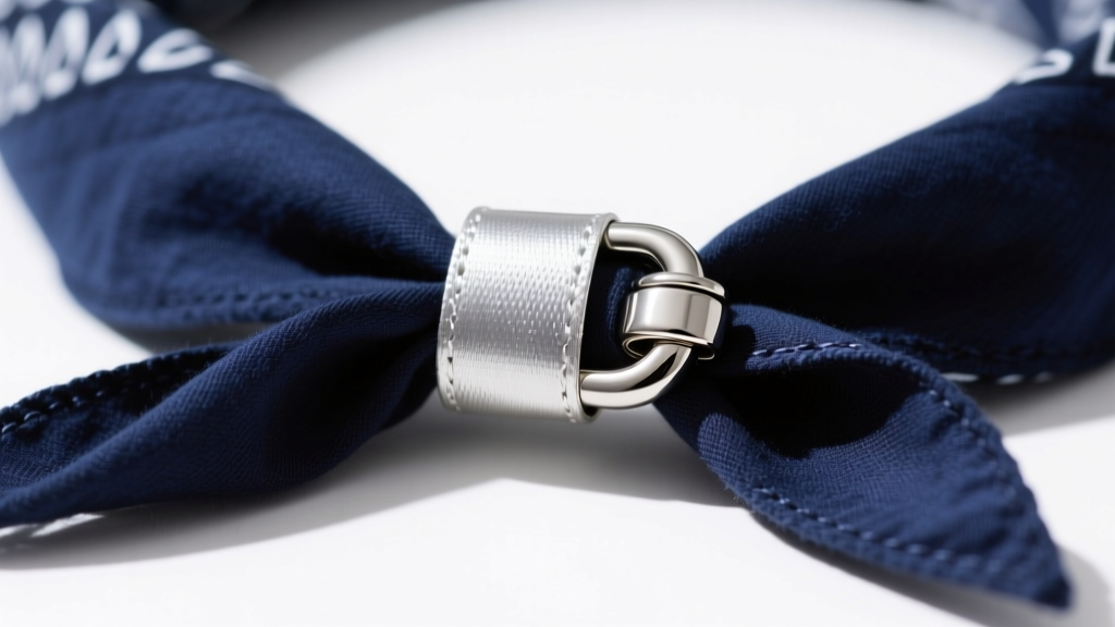 Macro shot of a stainless steel lobster clasp attached to a folded bandana fabric edge using a reinforced silver ribbon crimp end