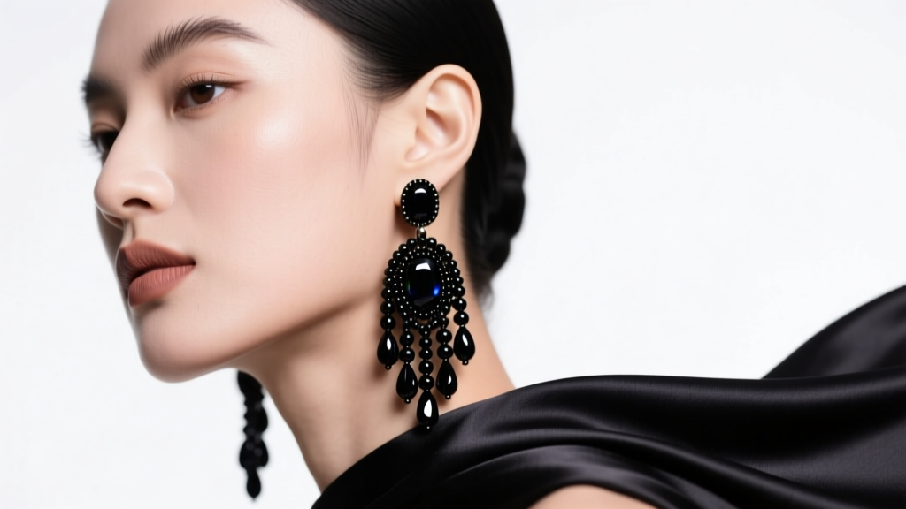 Close-up of model wearing black onyx beaded tassel earrings against white background, highlighting gemstone luster and silk fringe