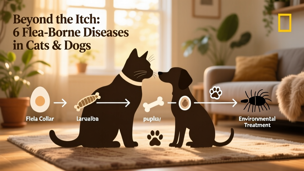 Infographic showing the flea life cycle and key intervention points for breaking transmission of flea-borne diseases