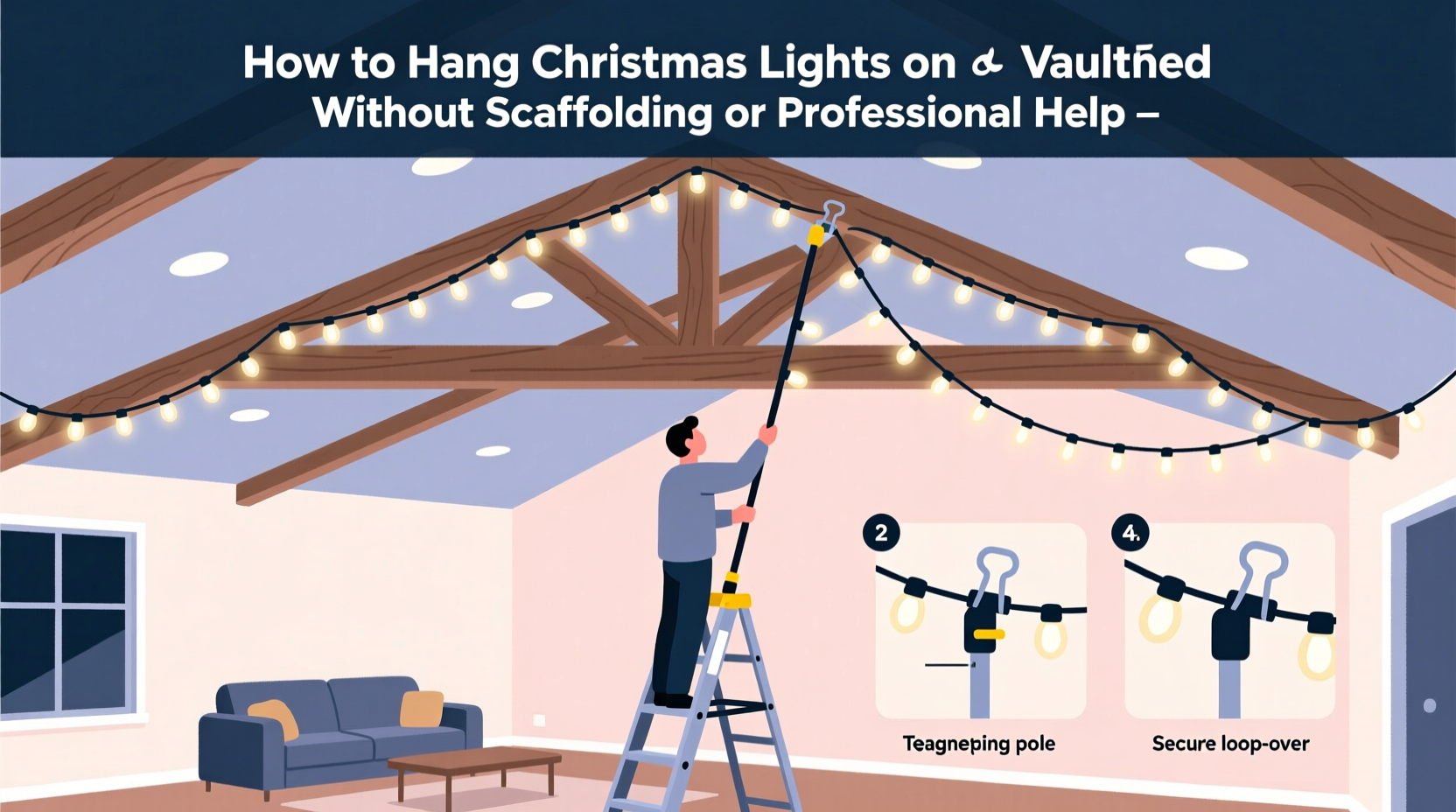 how to hang christmas lights on a vaulted ceiling without scaffolding or professional help