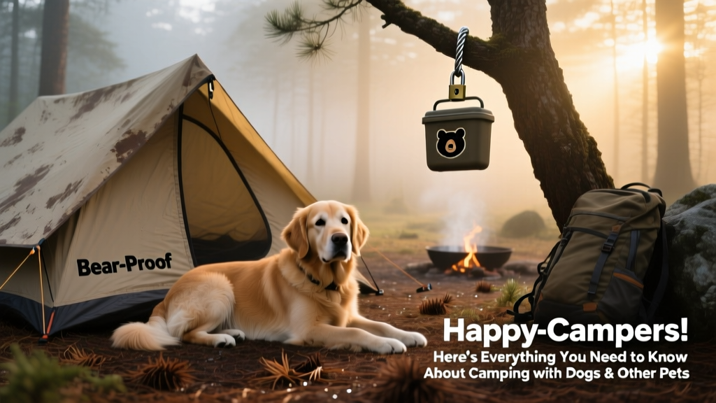 A calm, leashed dog resting beside a securely zipped tent at dawn, with a bear-proof food container hanging from a tree nearby