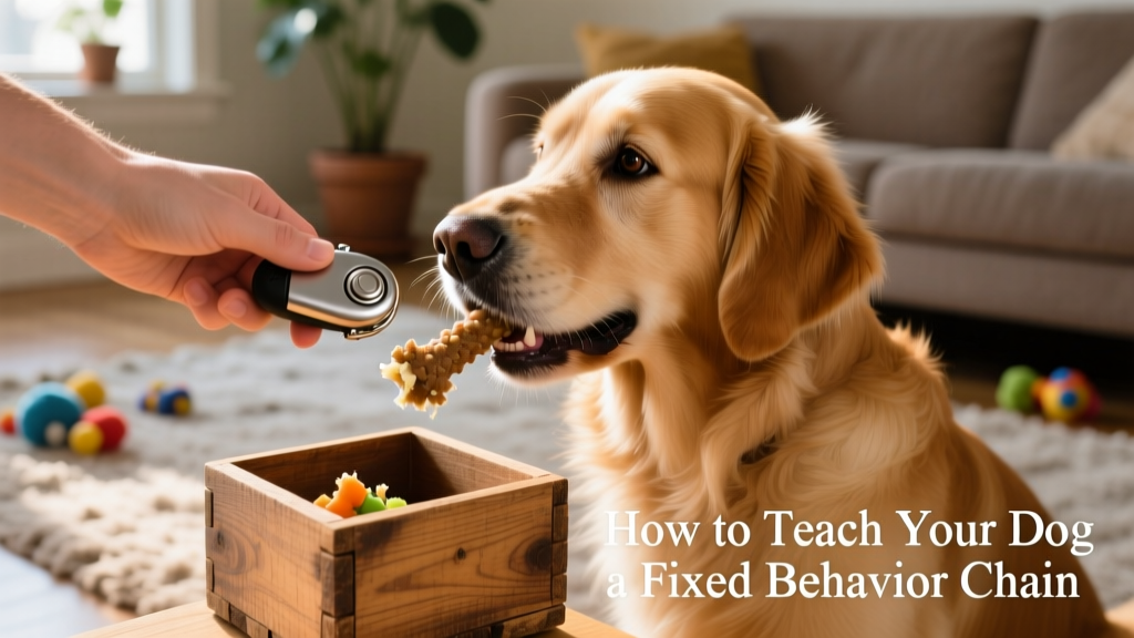 Close-up of a hand clicking while a dog drops a toy into a small wooden box