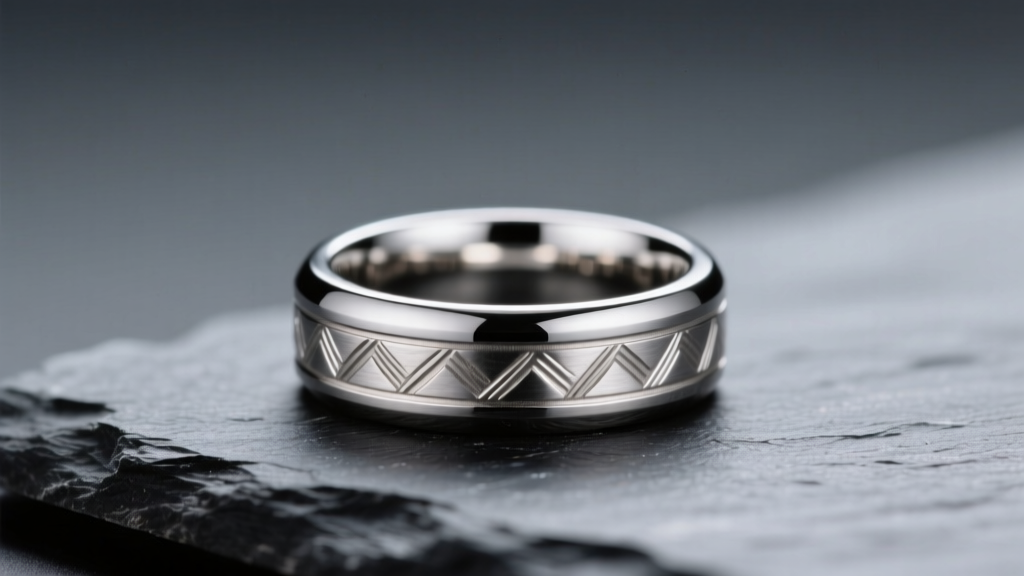 Macro shot of a polished 316L stainless steel signet ring resting on dark slate, reflecting soft studio lighting, highly detailed