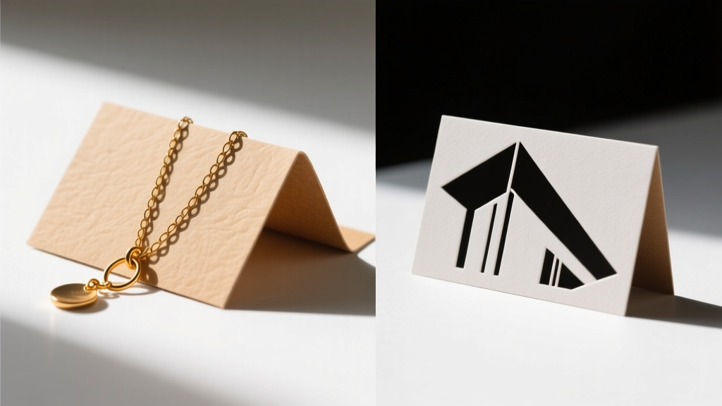 Split-screen showing a flimsy generic kraft card bending under brass dangles versus a rigid custom die-cut card standing tall.