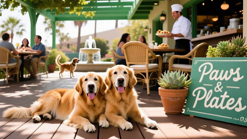 Two golden retrievers relaxing side-by-side on the shaded patio of a bustling dog-friendly restaurant