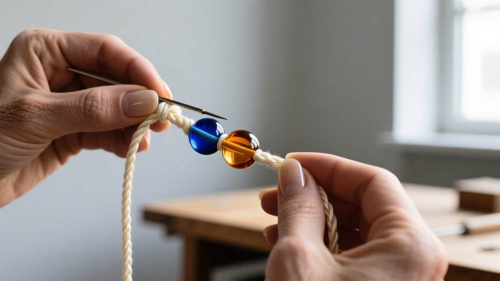 Jeweler using a beading awl to tie a tight knot between two vintage Czech glass beads on a strand of natural ivory silk cord