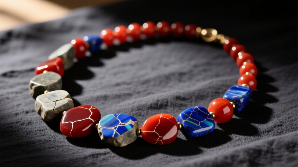 Flat lay of an ancient stone necklace with irregular carnelian and lapis lazuli beads on dark linen under warm directional sunlight.