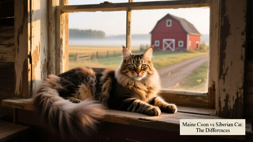 Maine Coon lounging on a rustic farmhouse windowsill, tail curled elegantly around its paws
