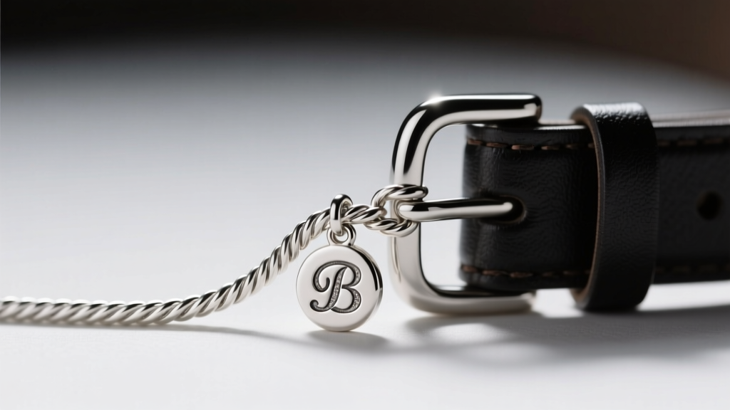 Macro shot of 1.5mm sterling silver rope chain connecting to micro belt buckle initial pendant, highlighting soldered jump ring