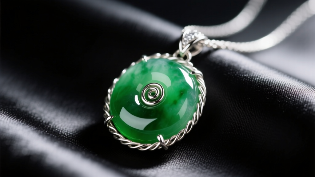 Close-up of a polished green nephrite jade cabochon pendant wrapped in 20-gauge sterling silver wire resting on dark velvet