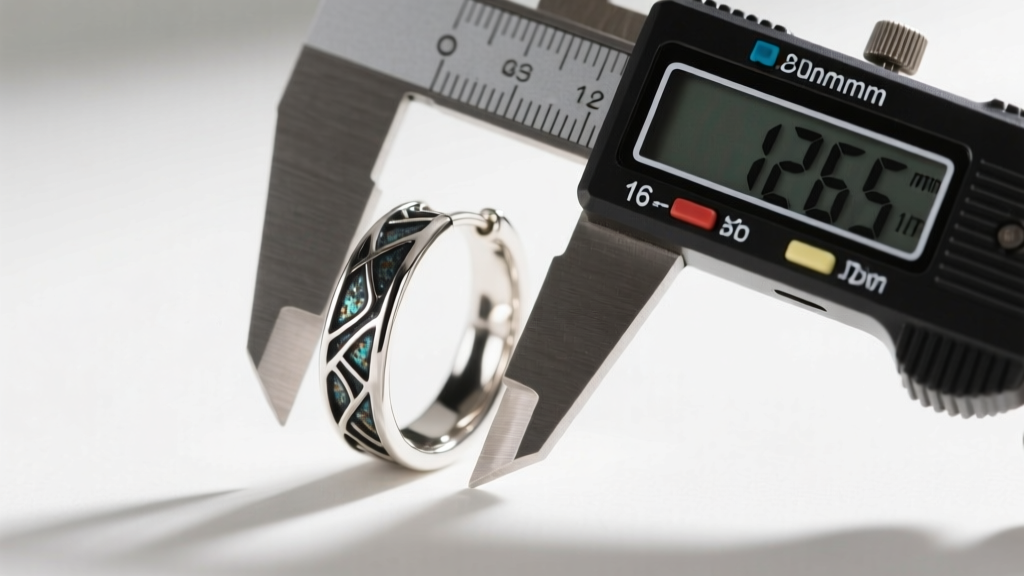 Digital calipers measuring the 1.2mm thickness of a 16-gauge custom silver hoop earring with dark romantic metal band aesthetics.