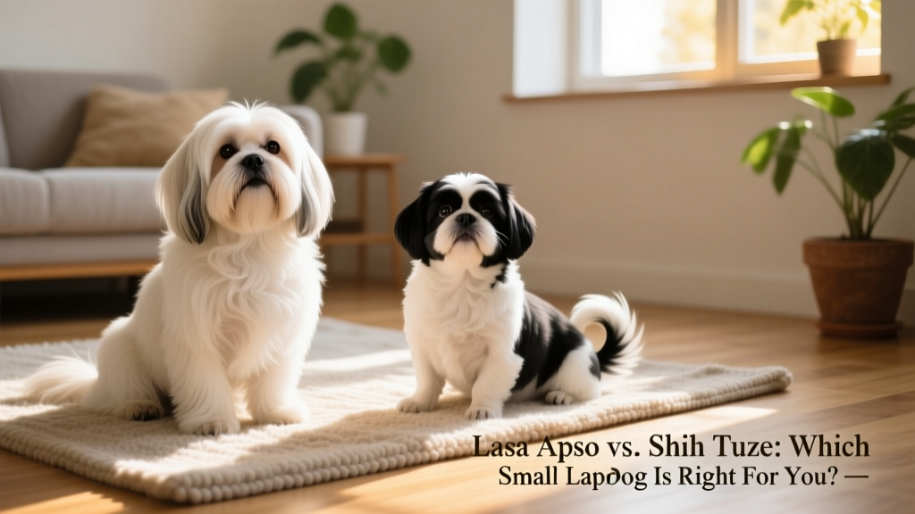Side-by-side comparison of a Lhasa Apso and a Shih Tzu sitting calmly on a sunlit rug