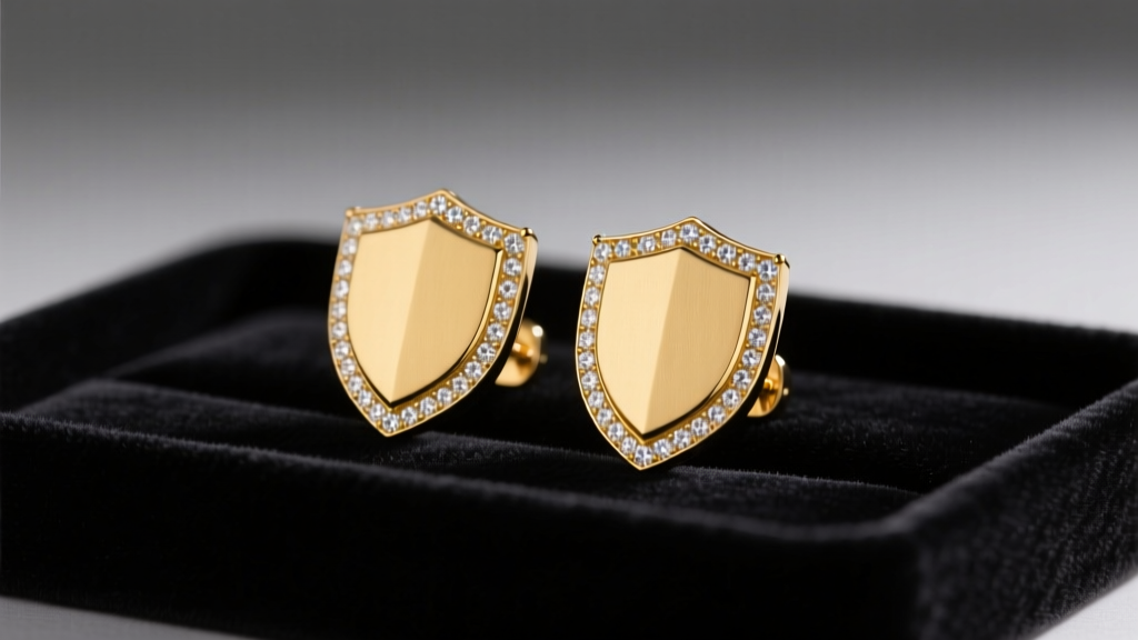 18k yellow gold shield earrings with matte finish and diamond border, displayed on dark velvet tray in soft light