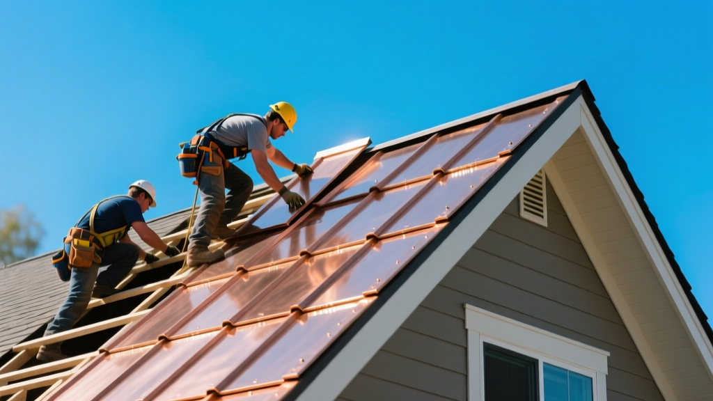 Roofers installing standing seam copper roofing panels on a steep residential roof with bright blue sky and copper flashing details