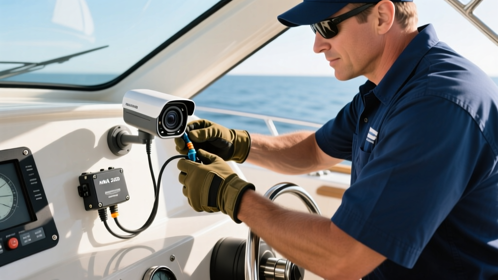 Captain installing a ruggedized marine IP camera and NMEA 2000 monitoring hub inside the helm of a 28-foot center console boat