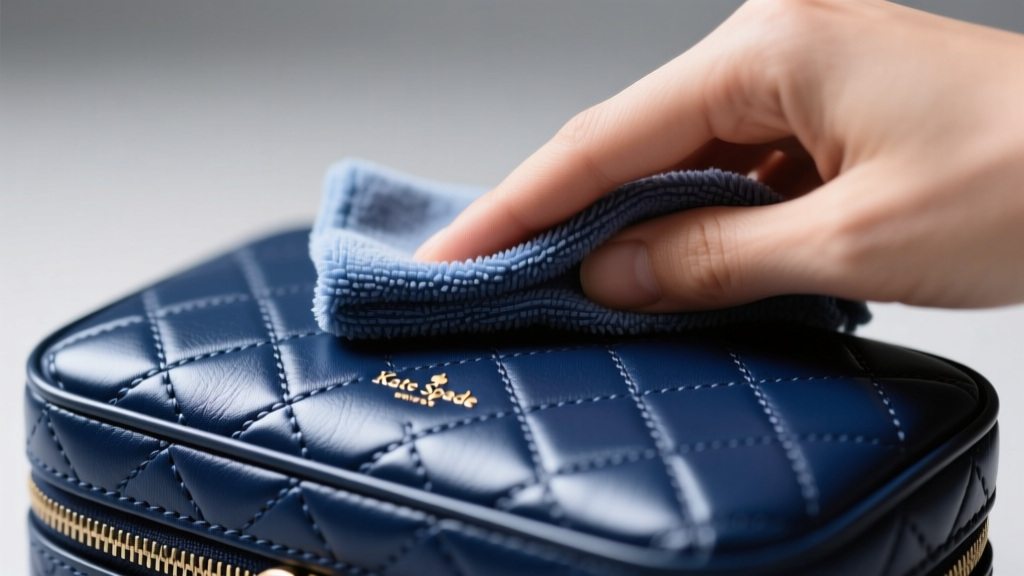 Close-up of a microfiber cloth wiping the cross-hatch saffiano leather exterior of a navy blue Kate Spade travel jewelry case.