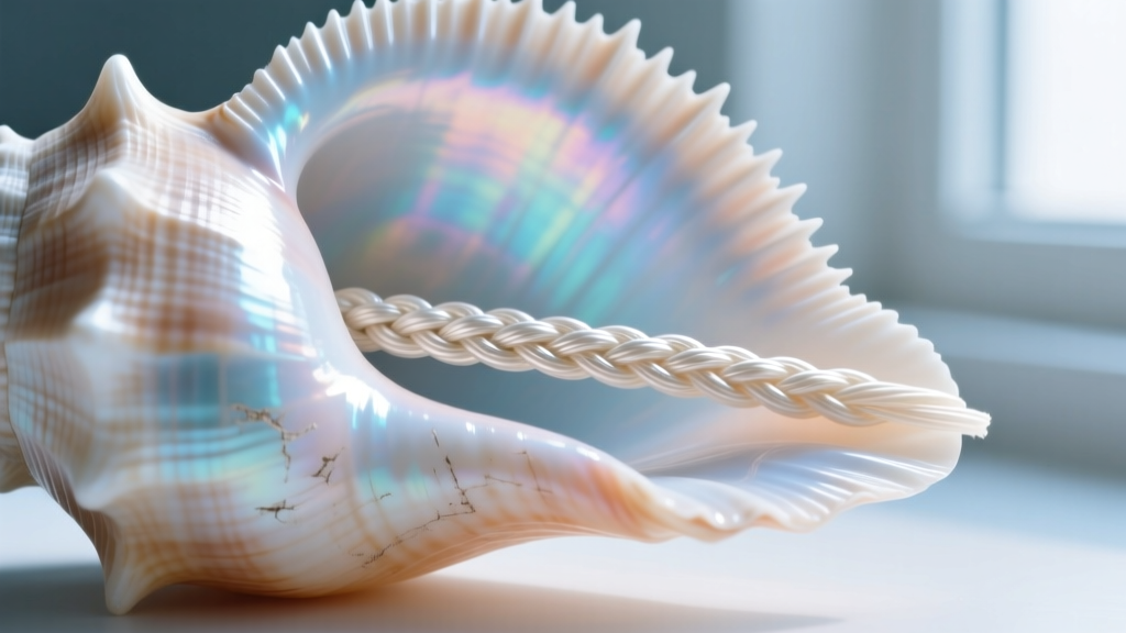 Macro shot of braided polyethylene thread passing through a polished conch shell aperture, highlighting the sharp inner edges