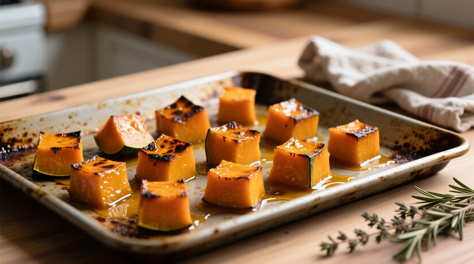 Chef roasting cubed butternut squash on baking sheet