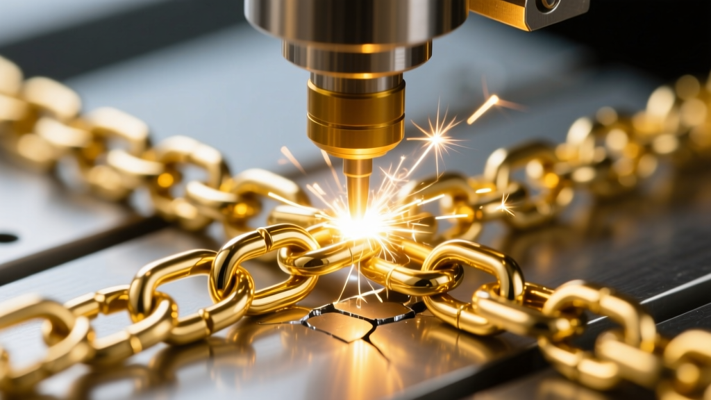 Macro shot of a laser welding machine repairing a snapped 18k yellow gold figaro chain link, showing a bright pinpoint spark