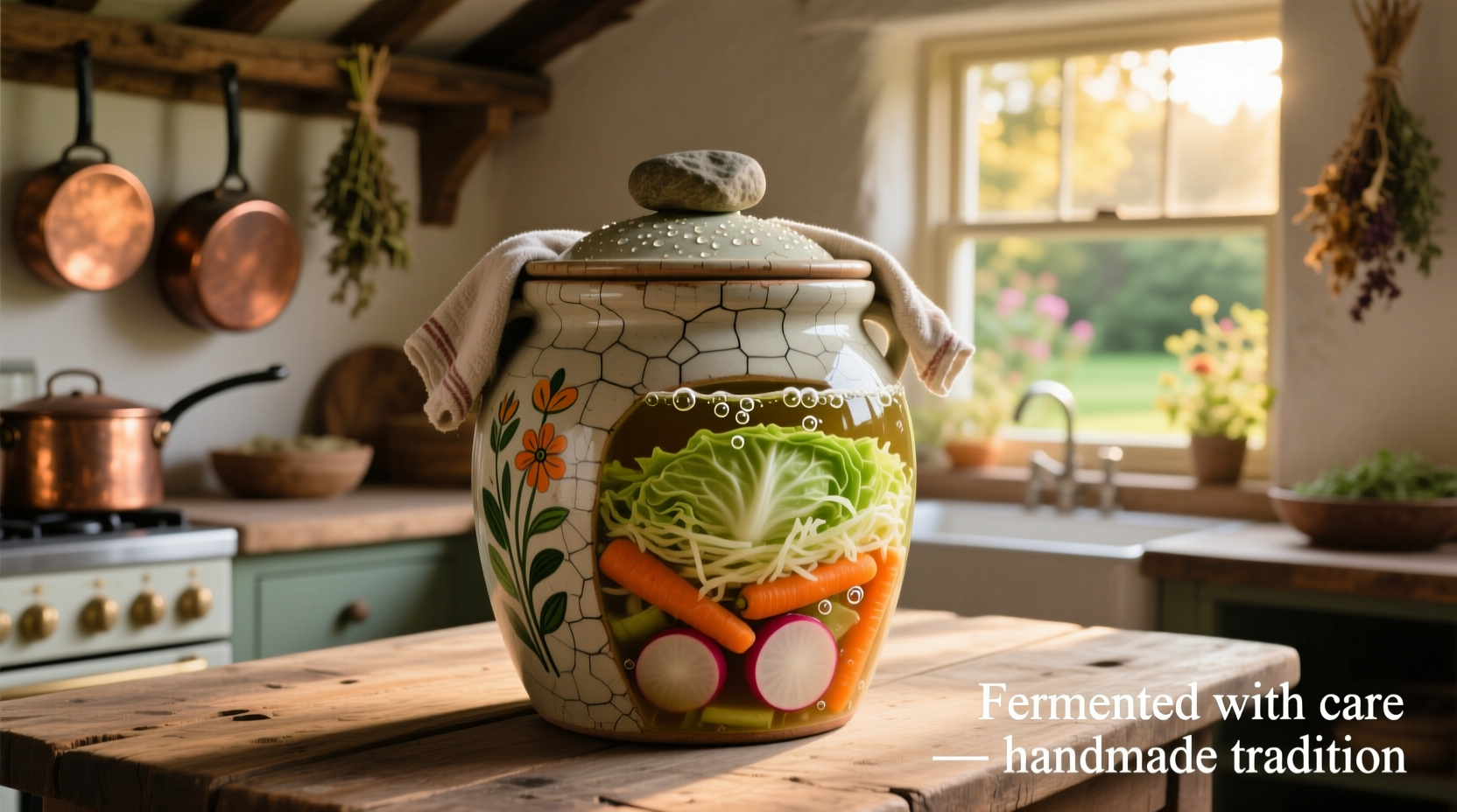 Traditional fermentation crock with vegetables