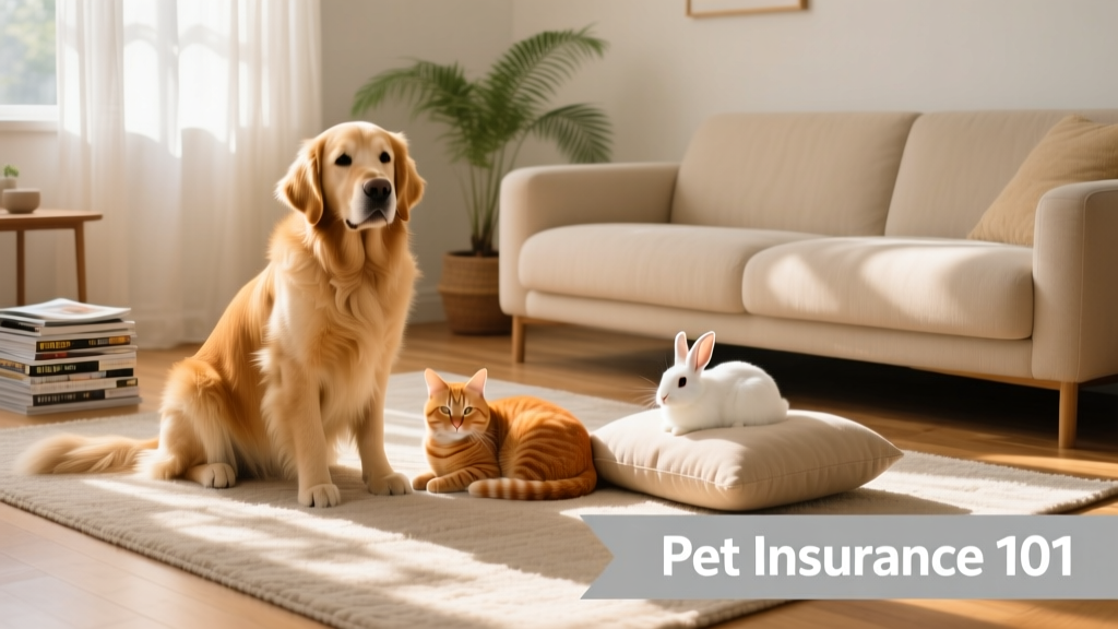 A calm, diverse group of pets—a golden retriever, an orange tabby cat, and a small rabbit—relaxing together on a sunlit living room rug