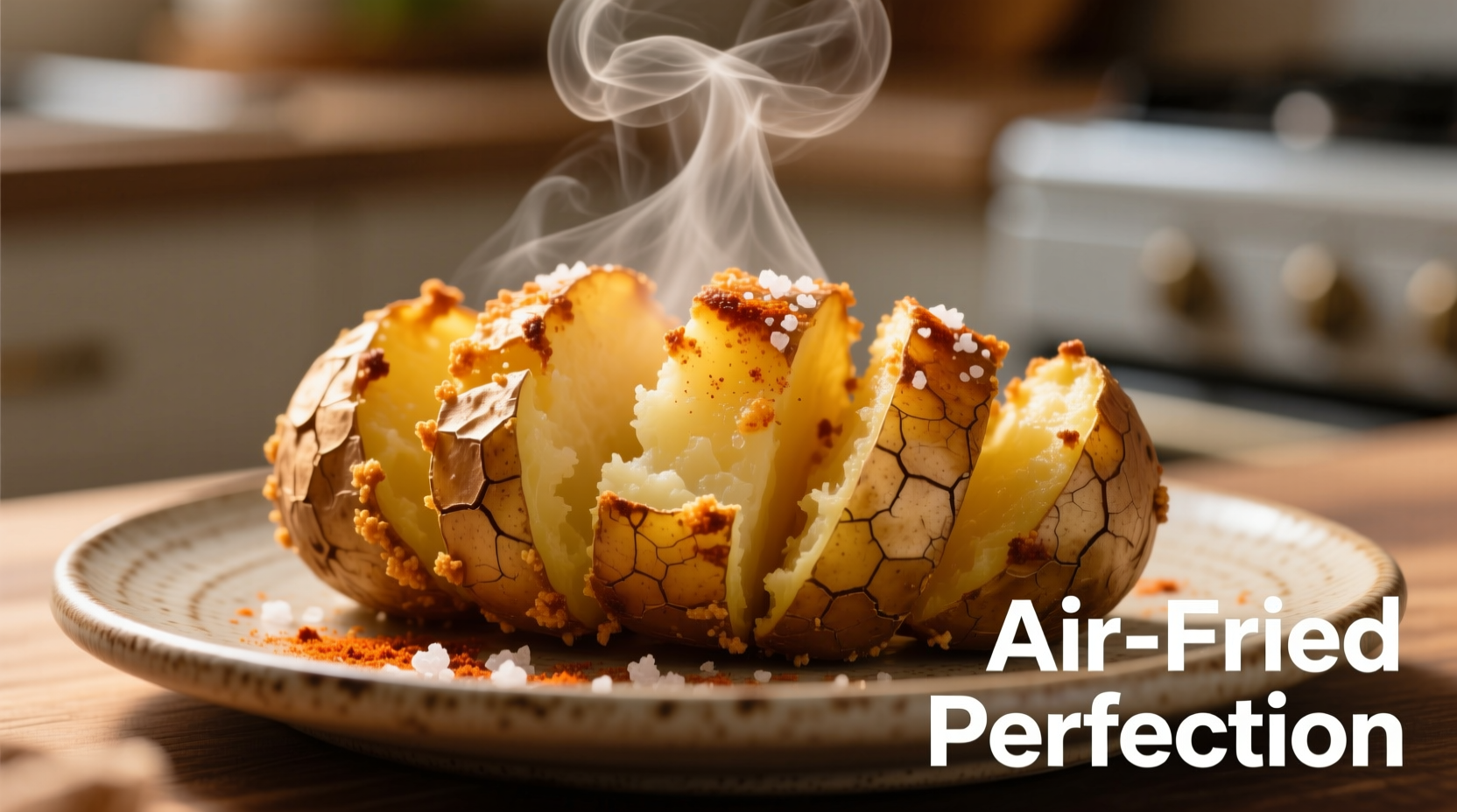 Crispy air fried baked potato with steam rising