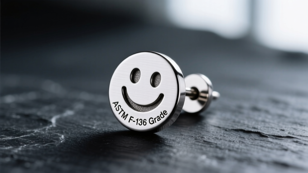 Macro shot of a titanium emoji earring post showing a laser-engraved ASTM F-136 grade marking against a dark slate background.