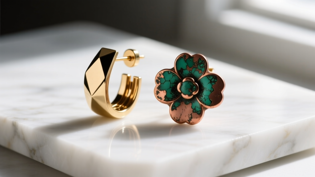 Macro comparison of polished brass and oxidized copper spell earrings showing distinct patina and texture on a white marble slab