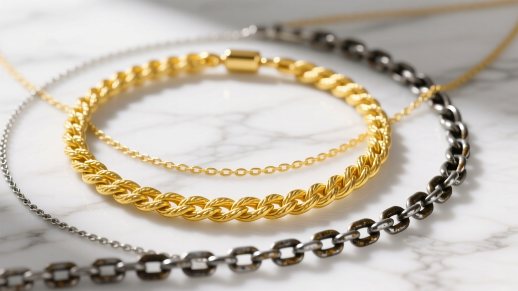 Flat lay of asymmetrical necklaces layering featuring a yellow gold rope chain and oxidized silver box chain on white marble