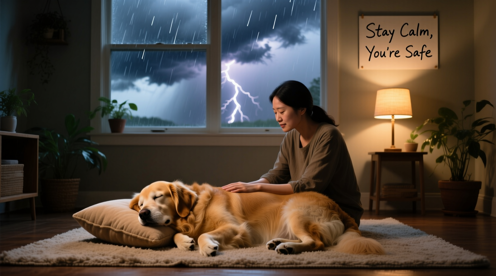 best ways to calm a dog during thunderstorms without sedatives