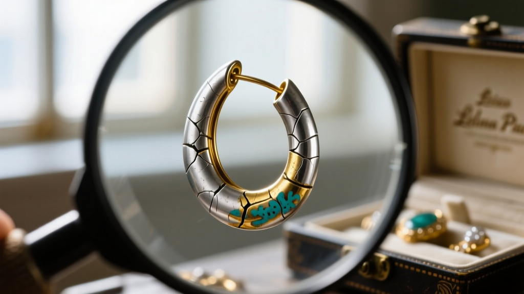 Jeweler loupe view of a bent loop on a vintage Paloma Picasso Graffiti earring, demonstrating metal fatigue and stress fractures.