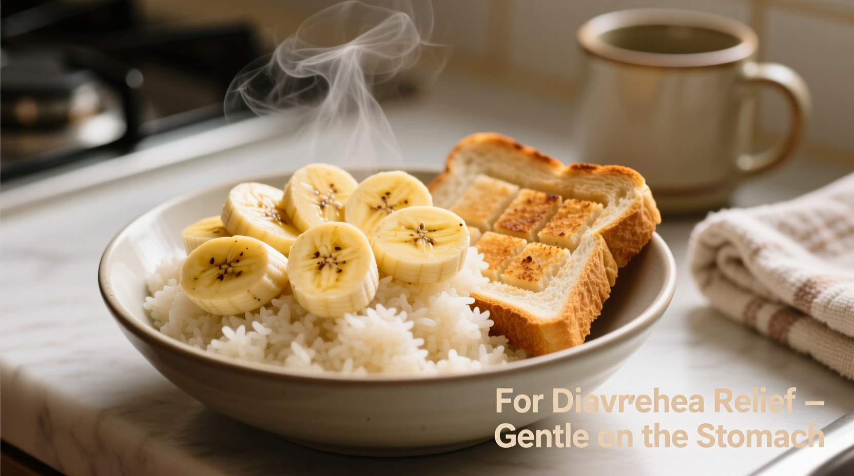 Schüssel mit Reis, Banane und Toast für Durchfall-Linderung