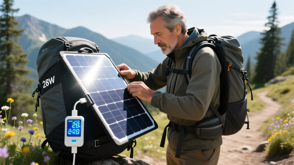 Hiker adjusting a foldable 28W monocrystalline solar panel on a backpack while checking a USB-C power meter on a sunny trail