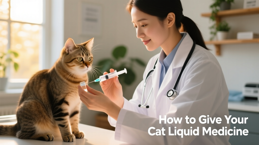 A veterinarian gently administering liquid medication to a cat using a syringe
