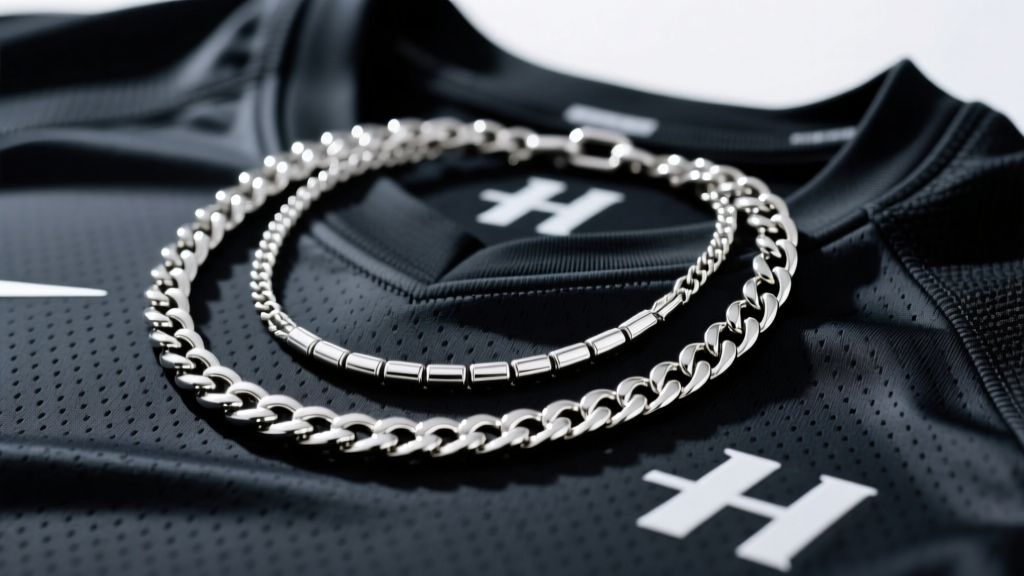 Close-up of layered 12mm Cuban link chain and 4mm tennis necklace on a dark charcoal athletic jersey, under bright studio lighting