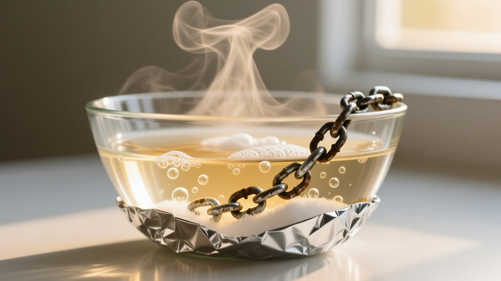 Glass bowl lined with aluminum foil holding steaming hot water, baking soda, and a submerged heavily tarnished silver chain.