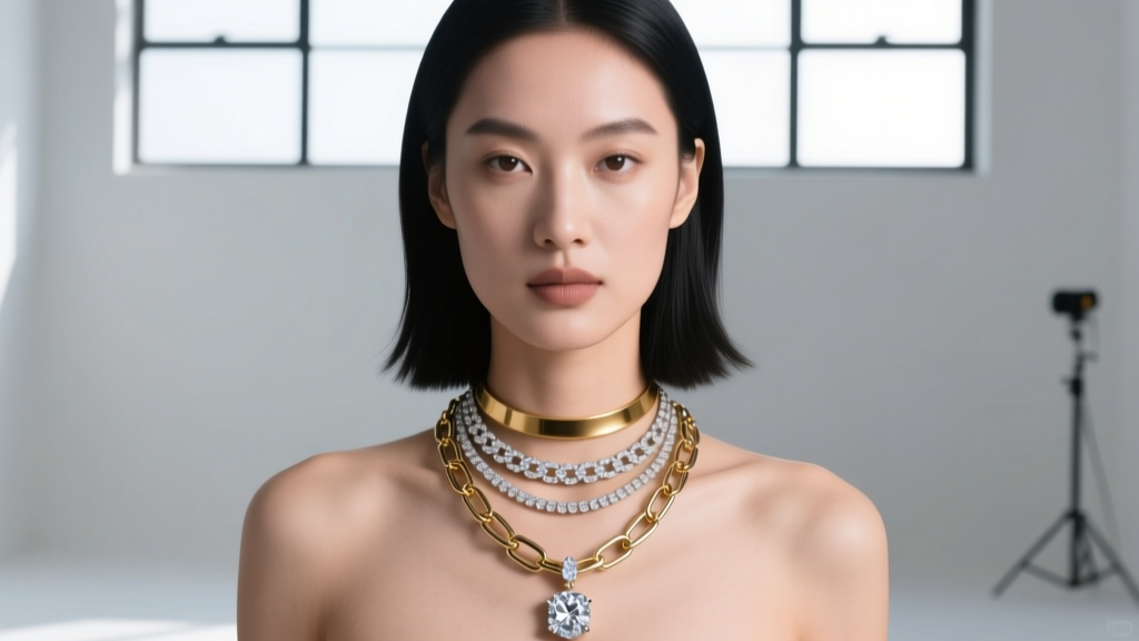 Layered necklace stack featuring a 16-inch diamond charm pendant, a 14-inch gold choker, and an 18-inch paperclip chain on a model.
