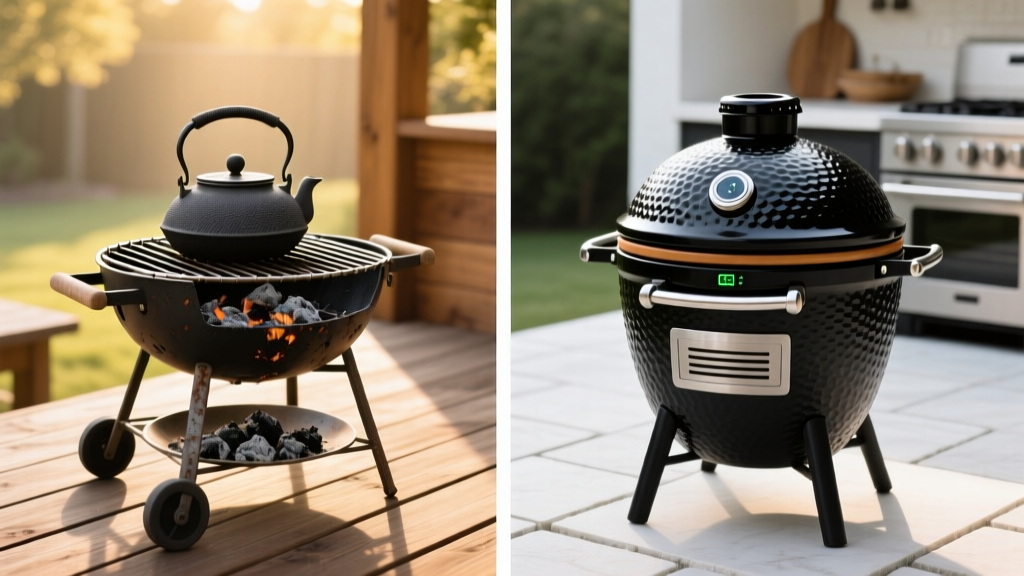 A split-screen outdoor kitchen setup showing a basic charcoal kettle grill on the left and a high-end ceramic kamado smoker with digital controllers on the right