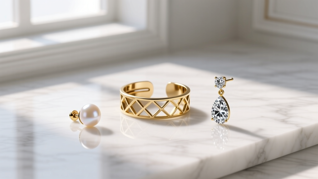 Flat lay on marble of a pearl stud, a gold ear cuff, and a diamond drop earring, illuminated by soft natural window light