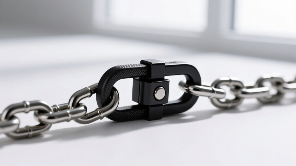 Macro photography of a sleek matte black neodymium magnetic necklace clasp connecting two ends of a thick 3mm stainless steel chain