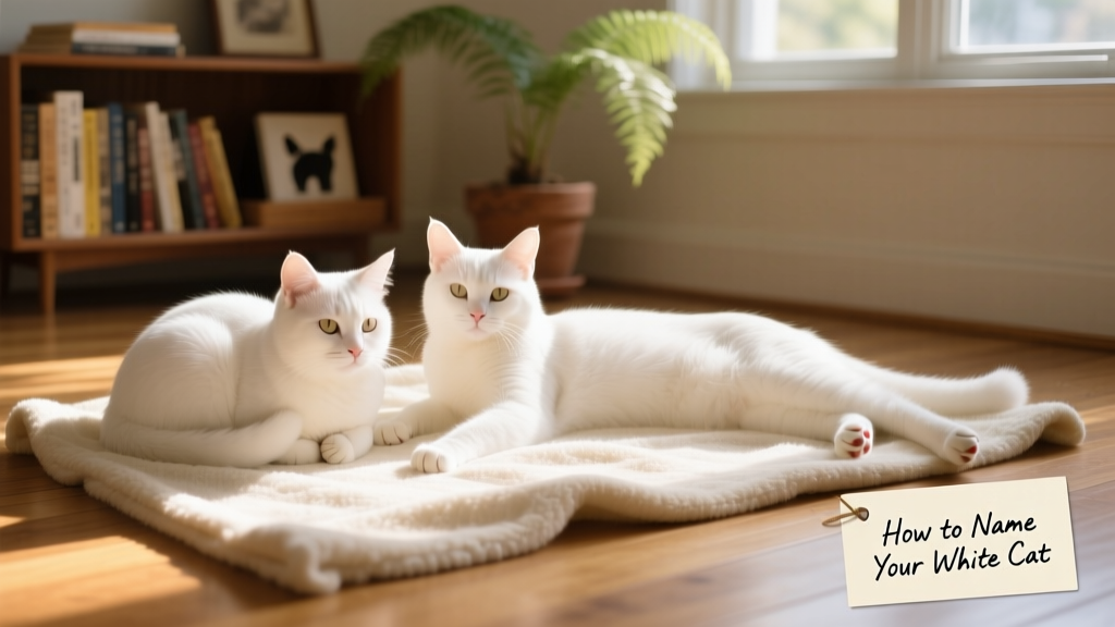Two white cats lounging side-by-side on a plush cream-colored blanket, one curled up, the other stretching lazily