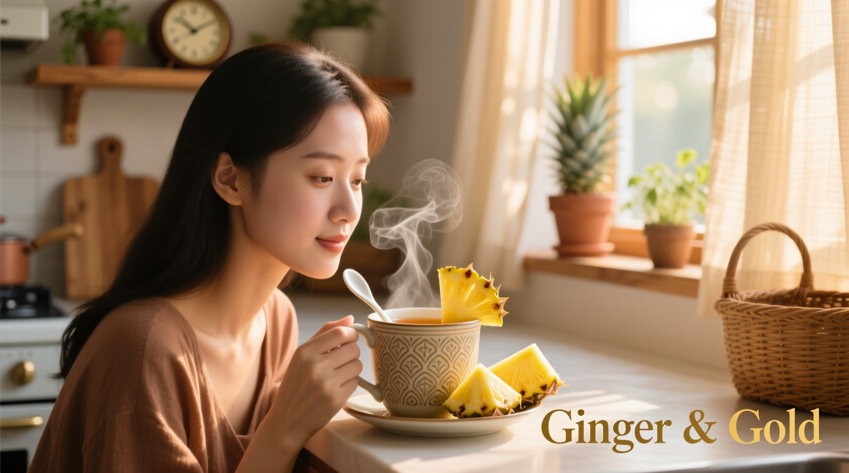 Woman enjoying warm ginger tea with fresh pineapple