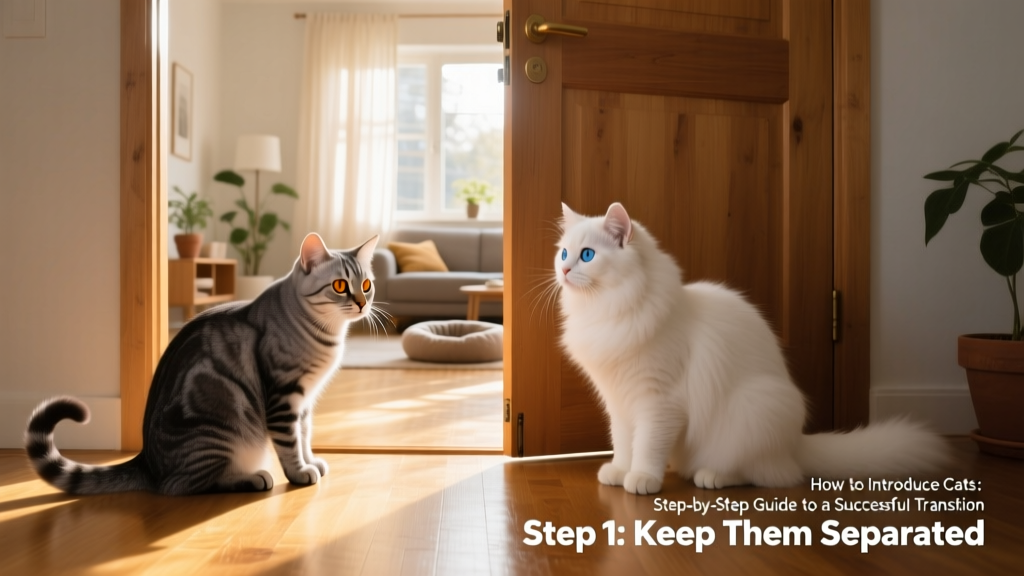 Two cats observing each other cautiously from opposite sides of a slightly opened door