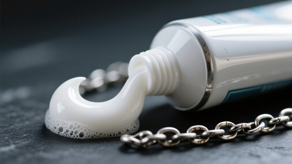 Close-up of white whitening toothpaste squeezed next to a tarnished 925 sterling silver chain on dark slate, macro photography lighting.