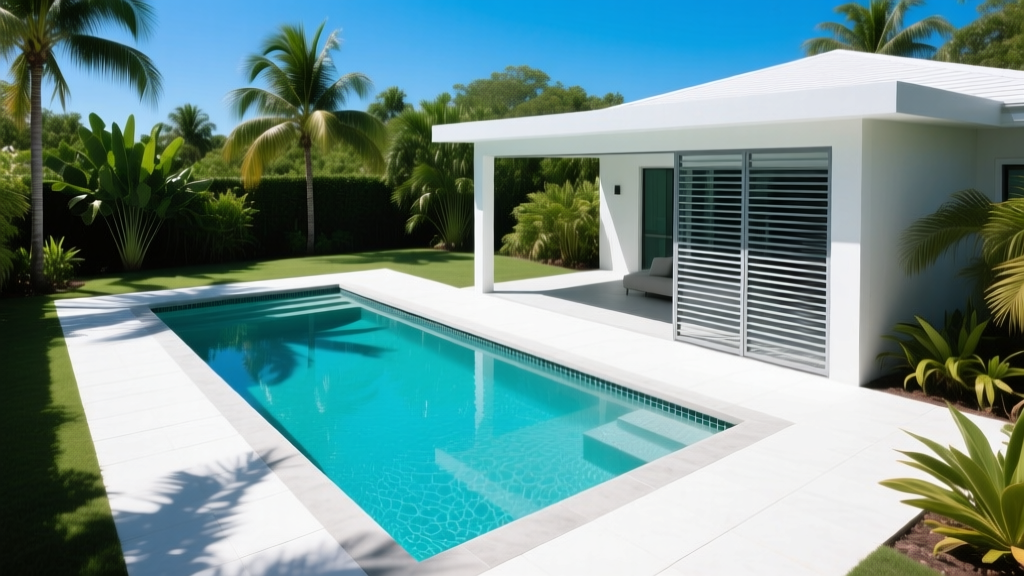 Aerial view of a rectangular concrete inground pool with a screened lanai enclosure in a Florida backyard