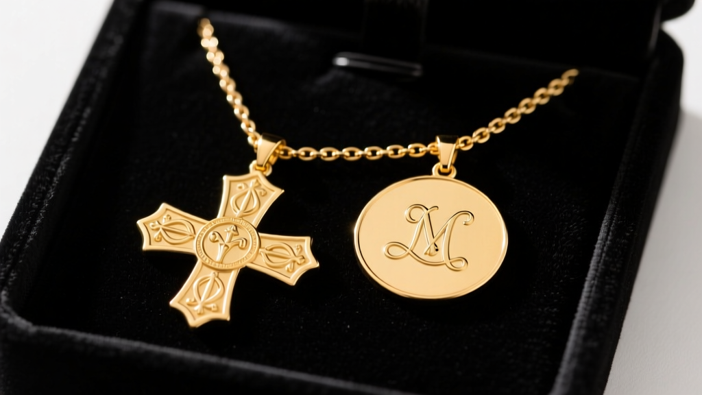 Close-up of a 14k gold necklace scapular on dark velvet, showing front and back medals connected by a delicate box chain.