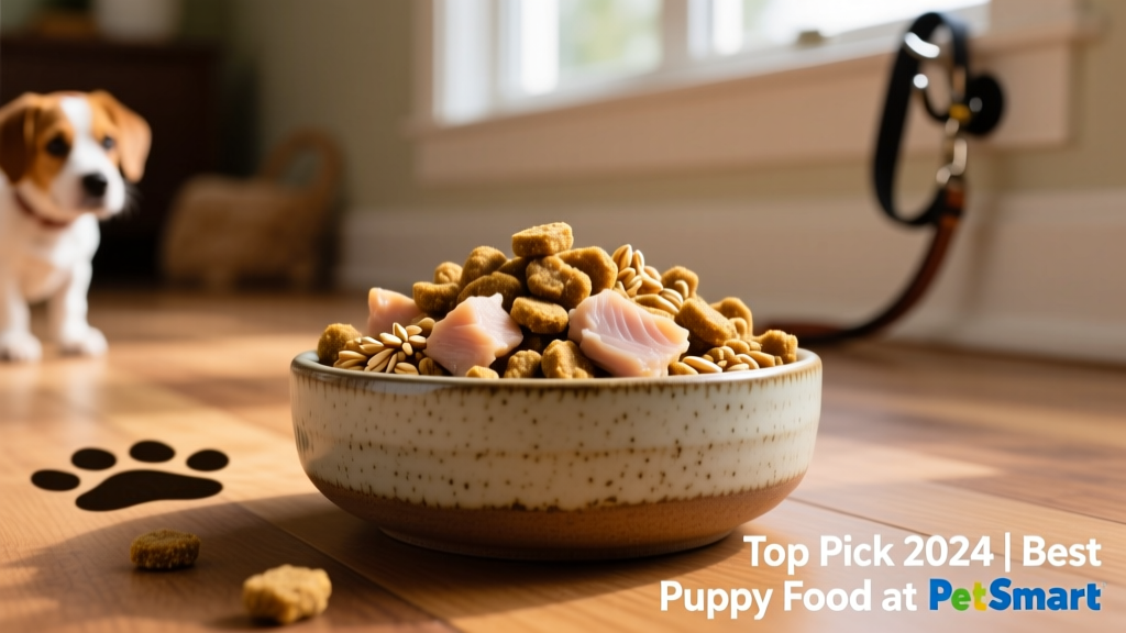 Close-up of FurPetVo Healthy Grains Puppy Dry Dog Food kibble in a ceramic bowl, with visible pieces of deboned chicken and whole grains